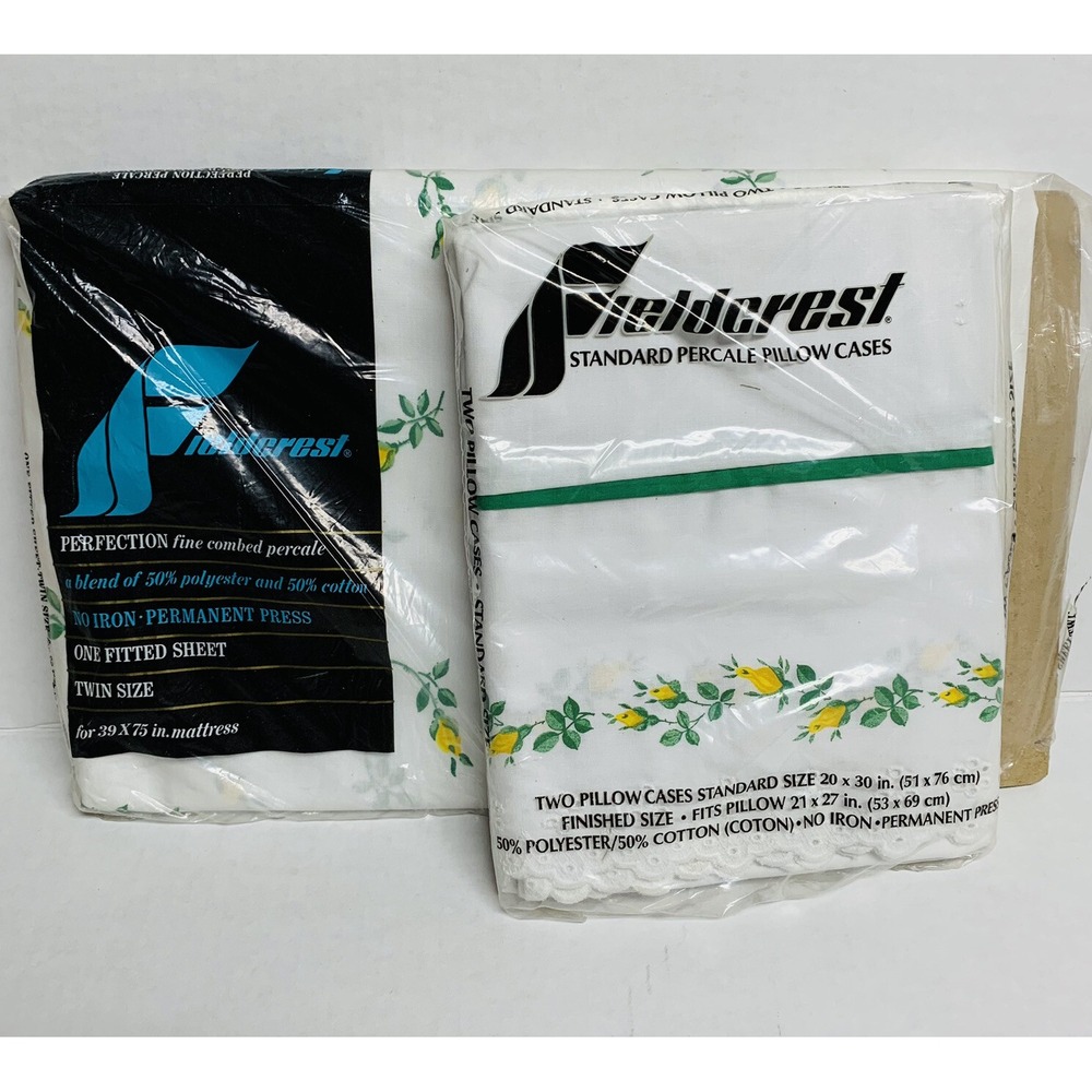 Vtg Fieldcrest Percal Fitted Twin Sheet & 2 Pillowcases Yellow Green Roses NEW